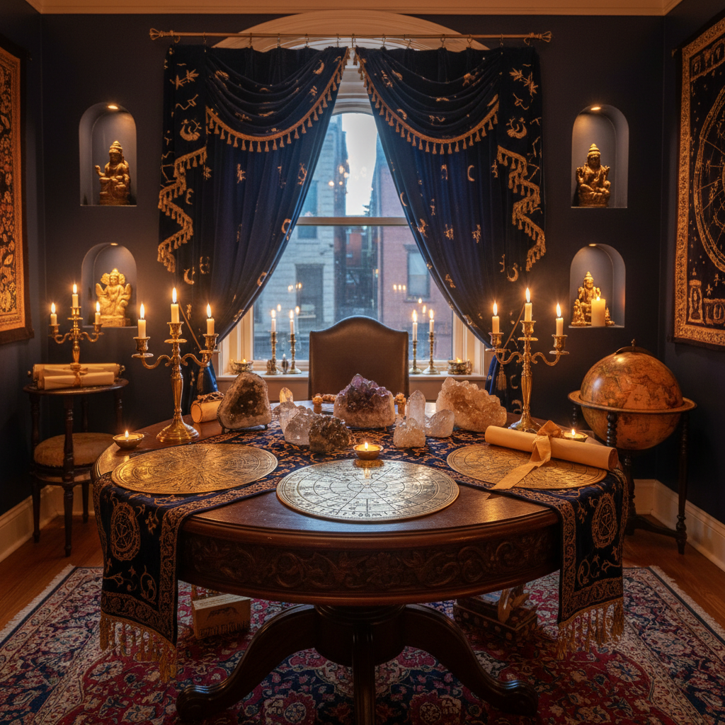Indian astrologer consulting client with Vedic astrology chart in Boston