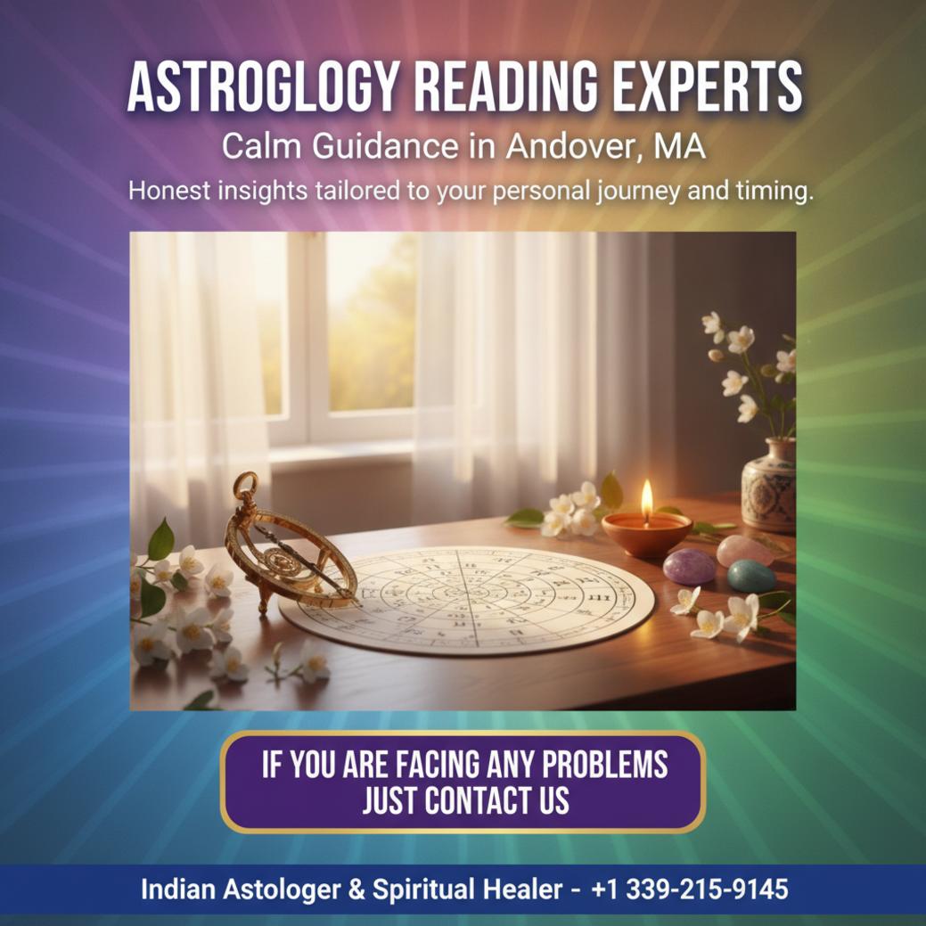 Astrology reading tools arranged calmly on wooden desk in Andover setting