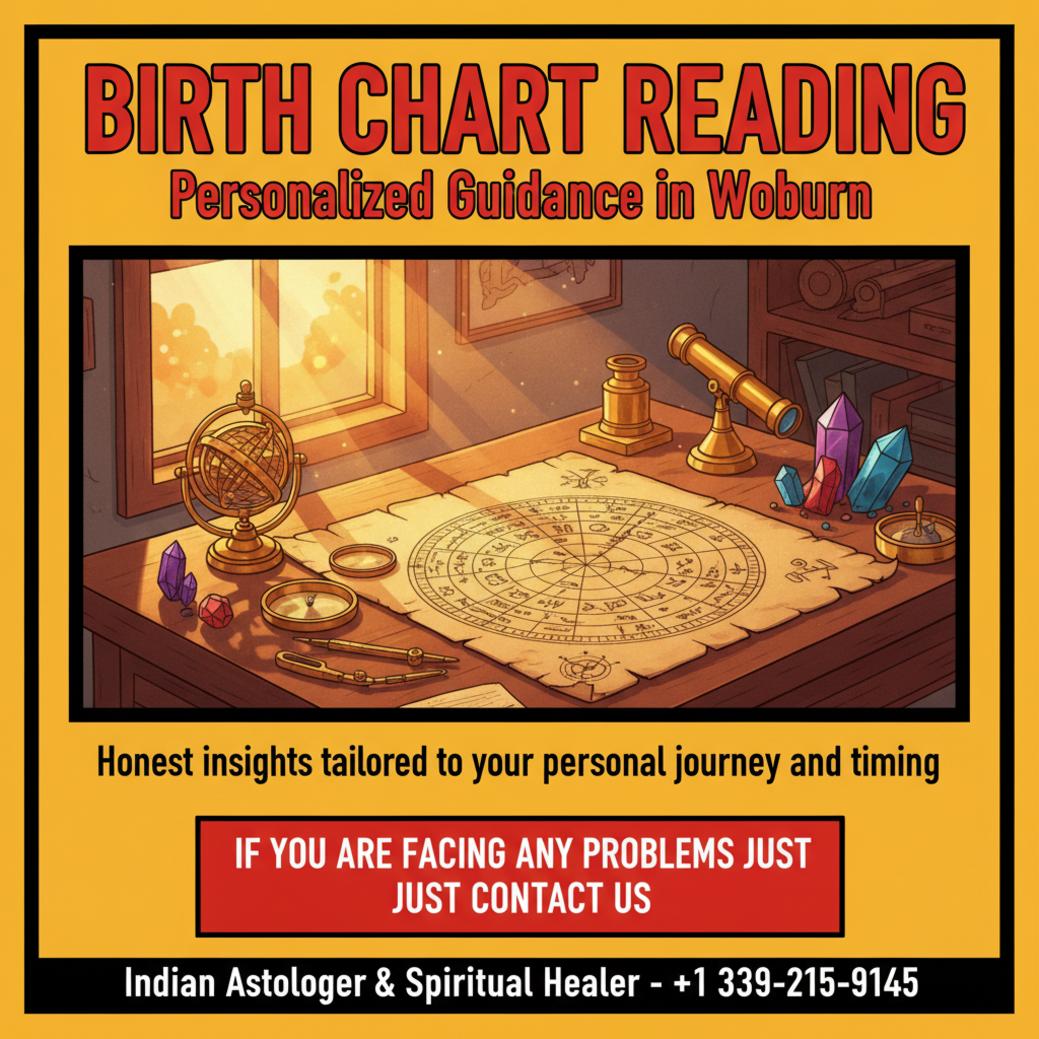 birth chart reading materials on wooden desk in Woburn MA office