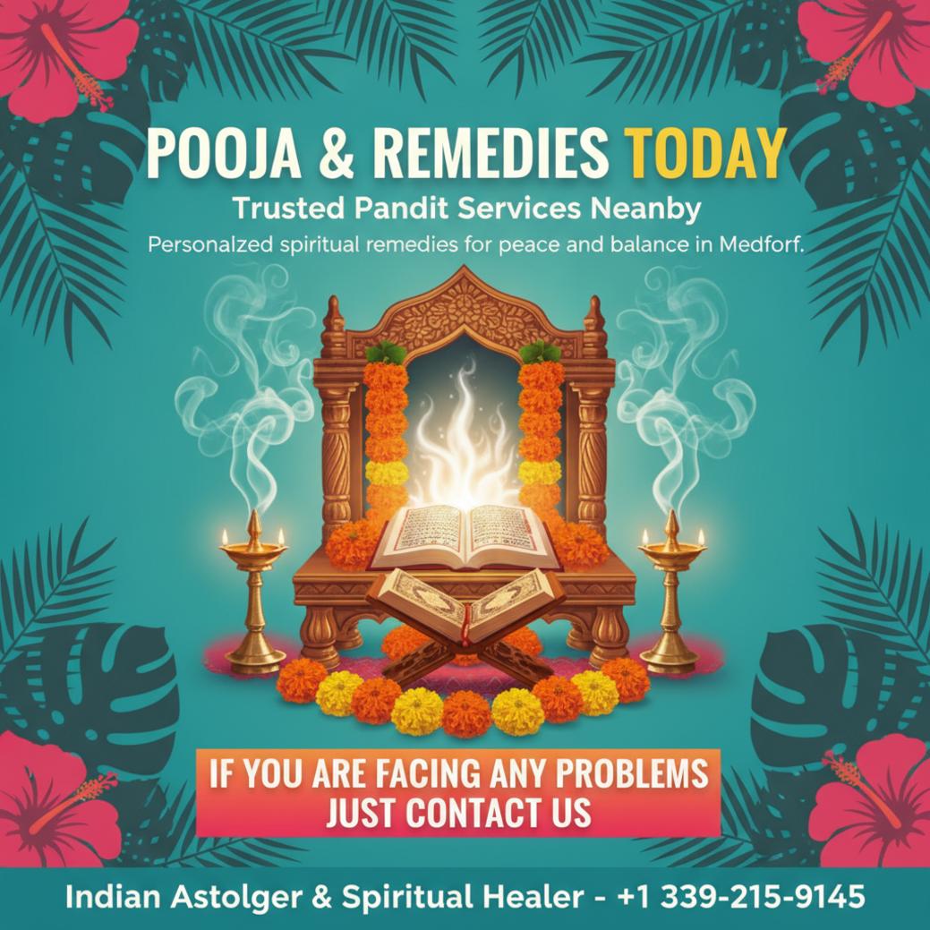 Traditional pandit pooja altar with lamps and flowers in Medford, MA