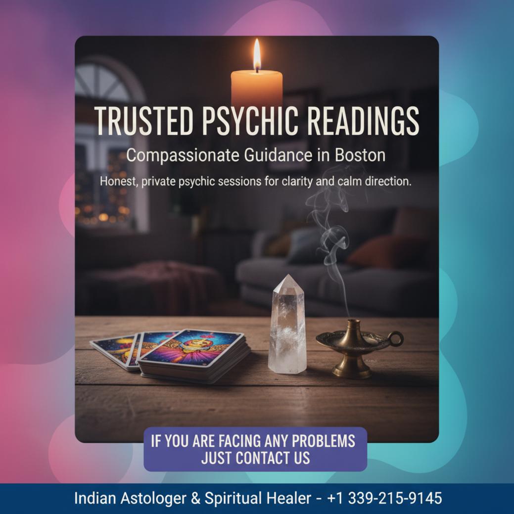 Psychic reading setup with tarot cards and crystals in Boston space