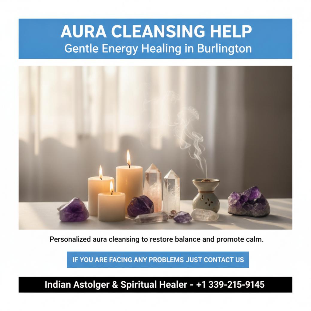 Aura cleansing altar with candles and crystals, Burlington MA