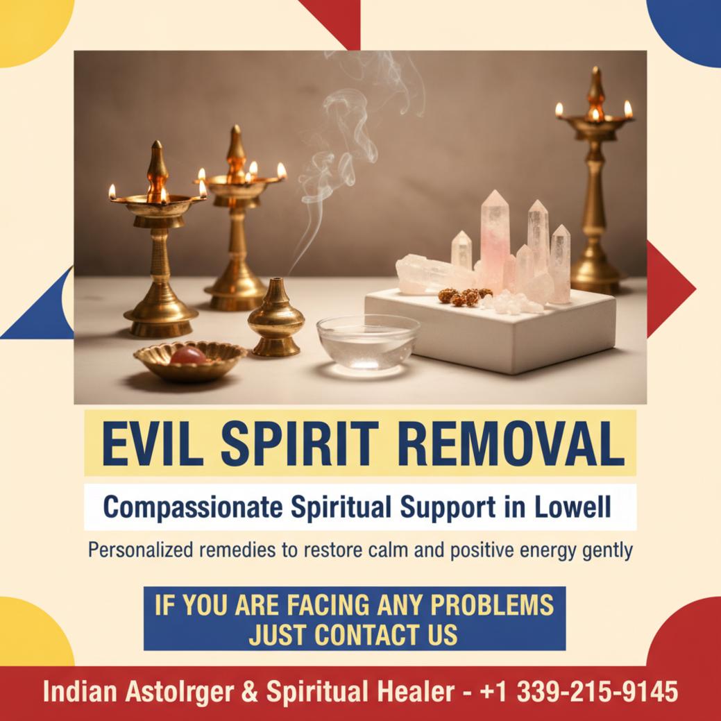 Evil spirit removal setup with incense and lamps in Lowell calm setting