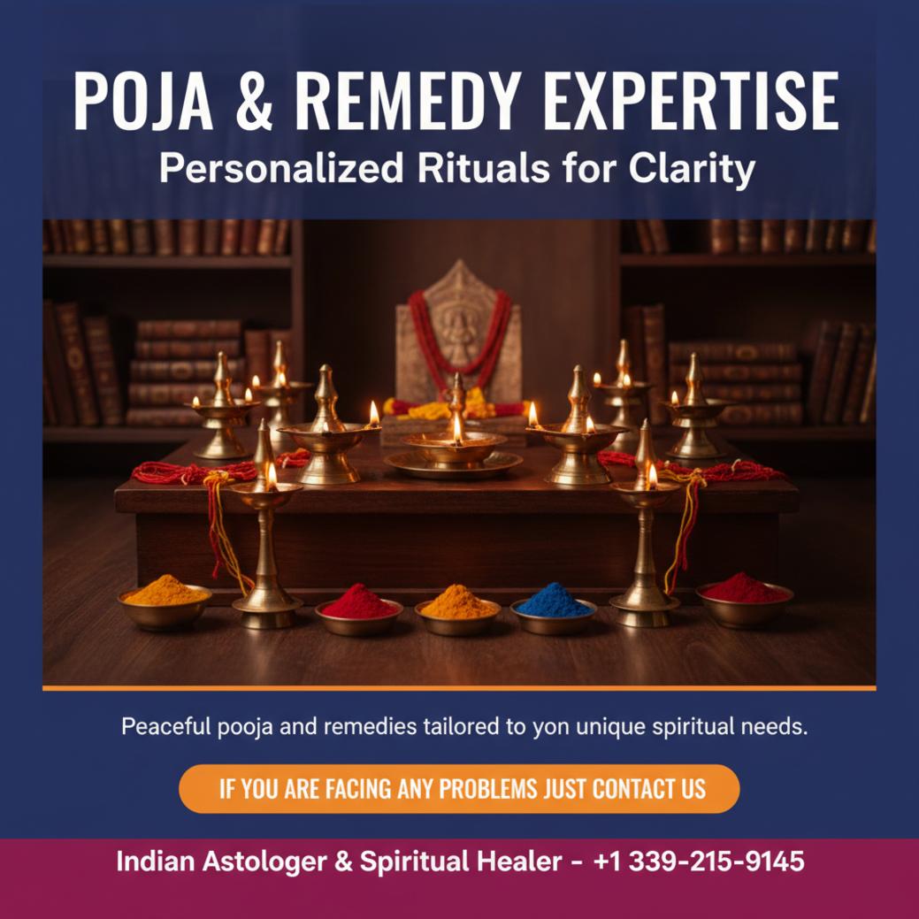 Traditional pandit pooja setup with lamps and powders in Lexington