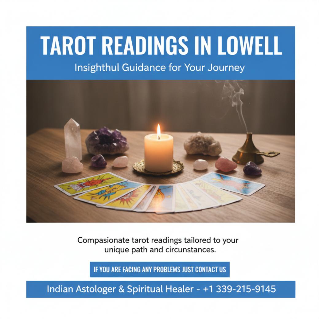 Tarot cards spread on wooden table for tarot reading in Lowell MA