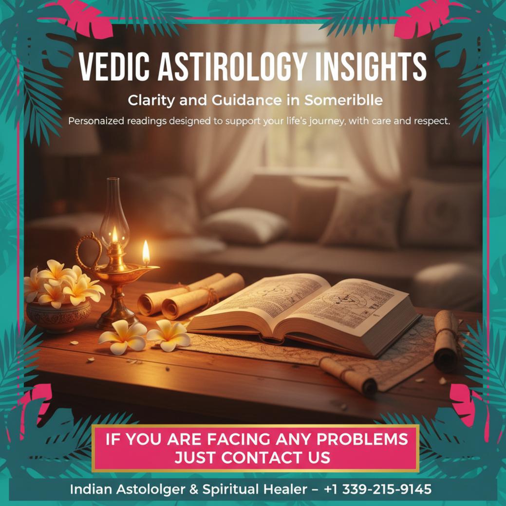 Vedic astrology reading materials on desk softly lit in Somerville setting